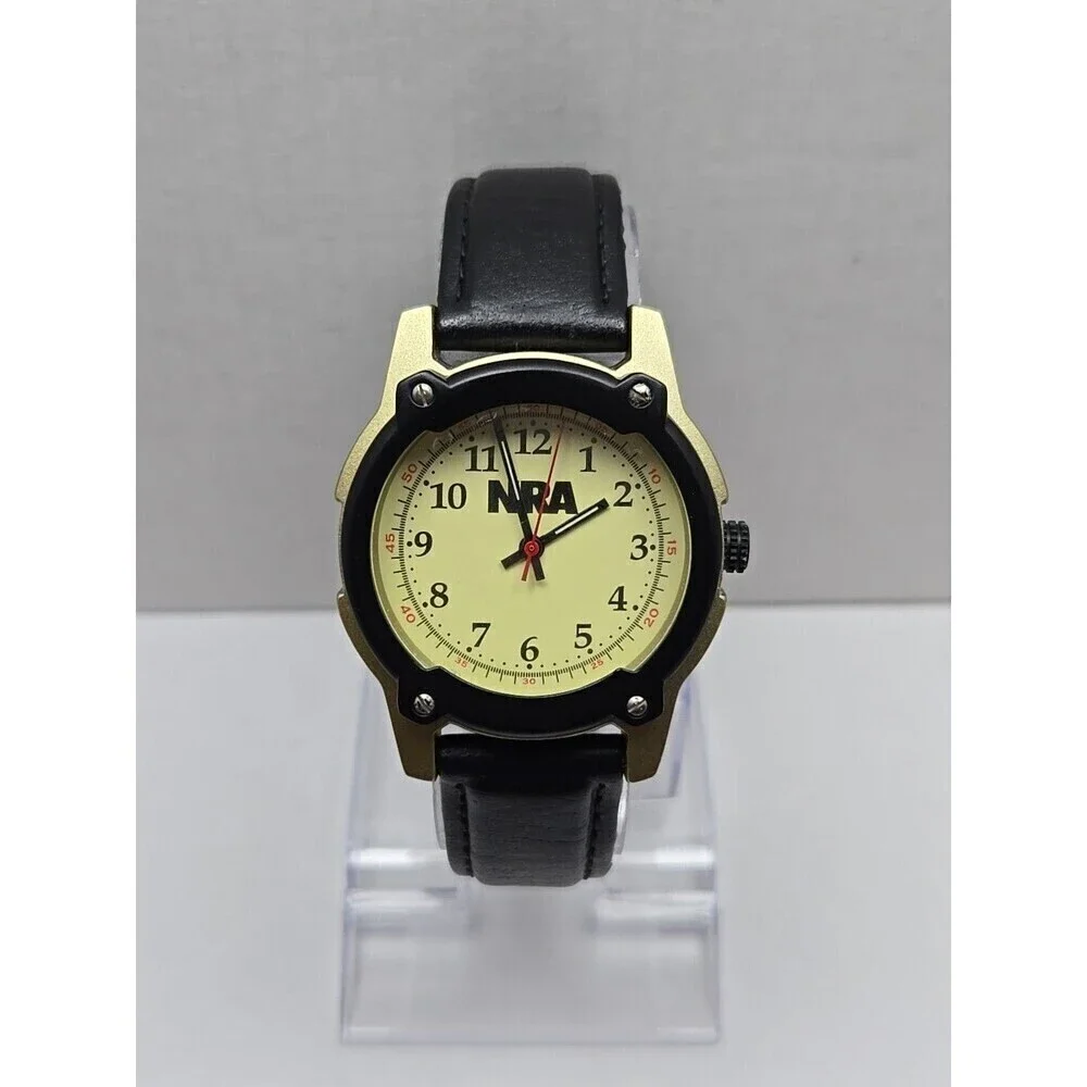 NRA Europa Quartz Watch Black Bezel Gold Tone Case Leather Band Mens New Battery